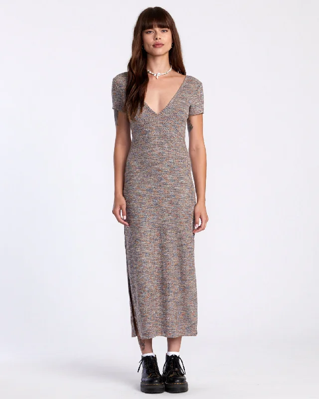 Smitten Marled V-Neck Midi Sweater Dress - Camel
