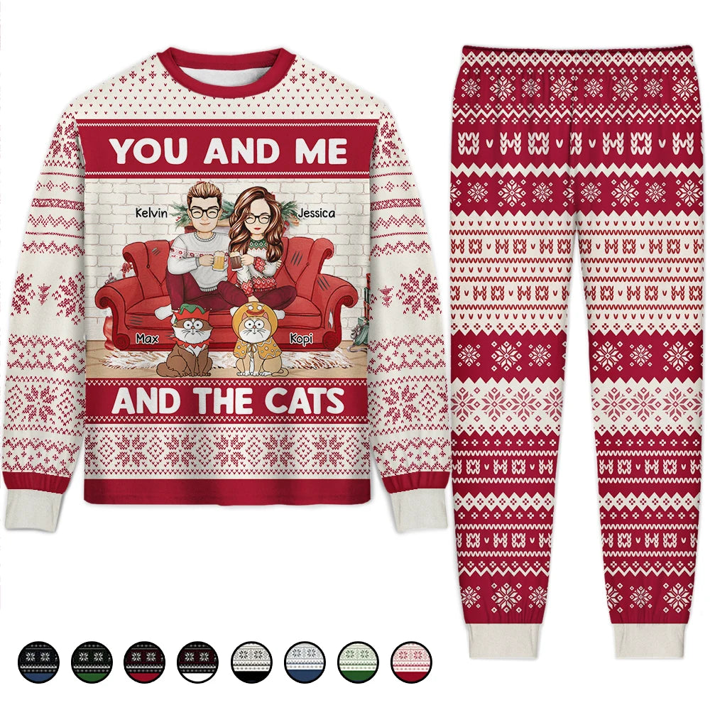 You And Me And The Cats Christmas Couples - Personalized Unisex Pajamas Set