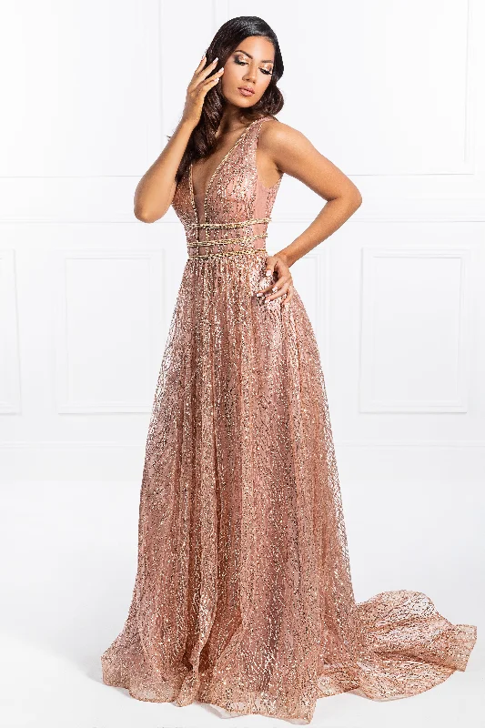 Honey Couture ENYA Glitter A Line Formal Gown