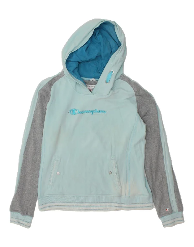 CHAMPION Womens Graphic Hoodie Jumper UK 16 Large Blue Colourblock