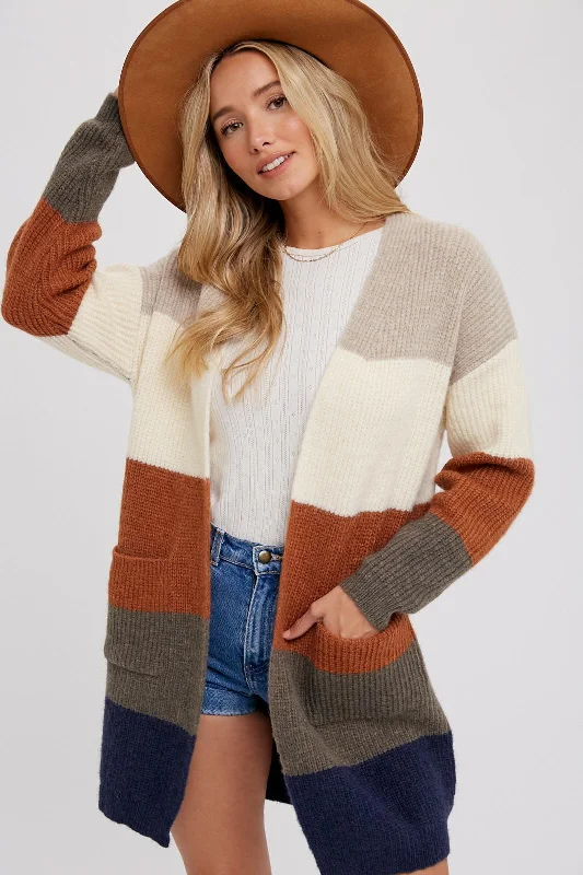 Cream Color Block Soft Knit Cardigan