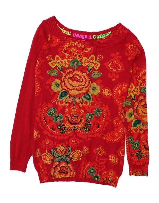 DESIGUAL Womens Boat Neck Jumper Sweater UK 18 XL Red Floral Cotton