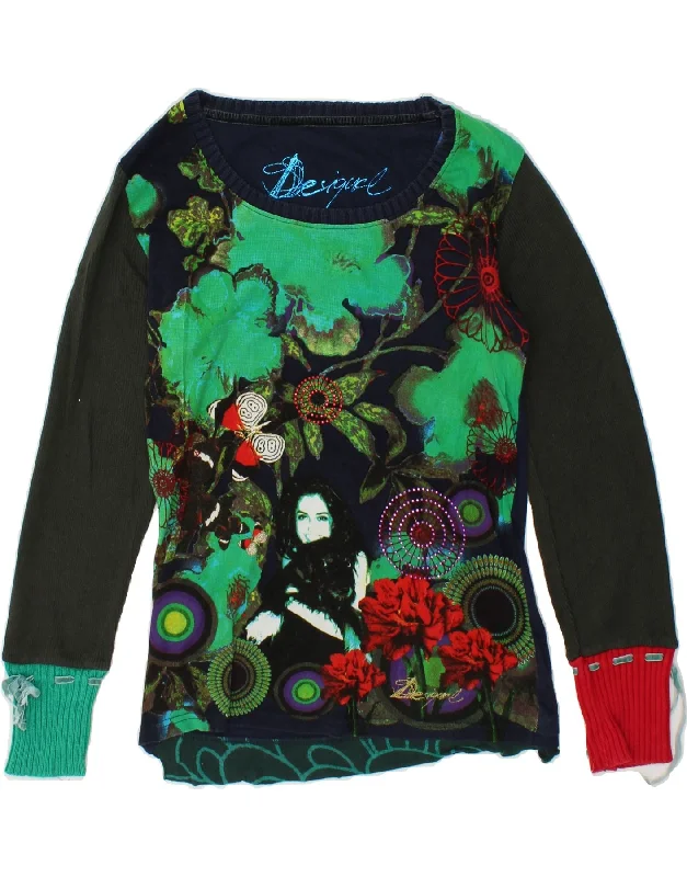 DESIGUAL Womens Graphic Boat Neck Jumper Sweater UK 14 Large Multicoloured