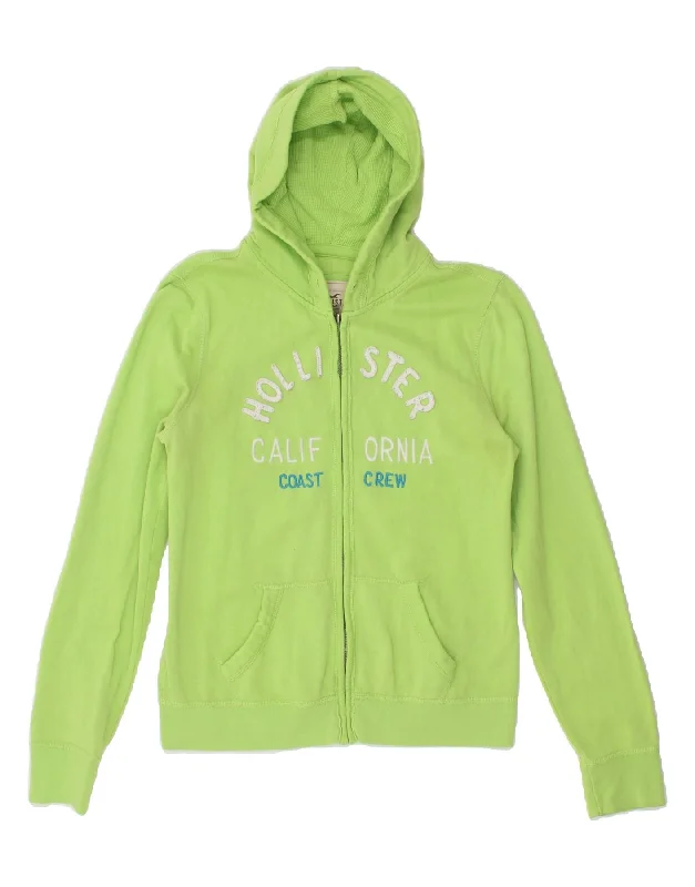 HOLLISTER Womens Graphic Zip Hoodie Sweater UK 14 Medium Green Cotton