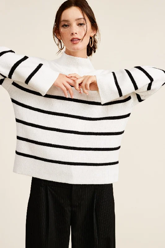 Ivory Striped Mock Neck Sweater