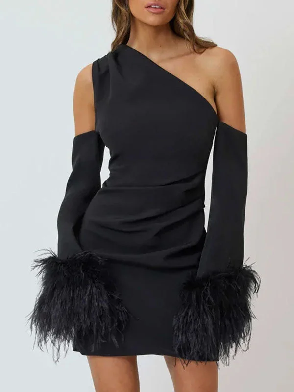 One Shoulder Feather Decor Mini Dress