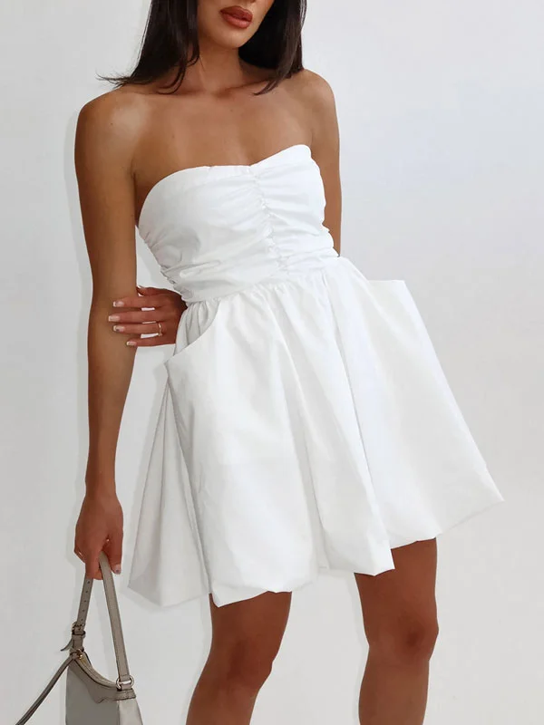 Solid Ruffle Hem Tube Dress With Pockets