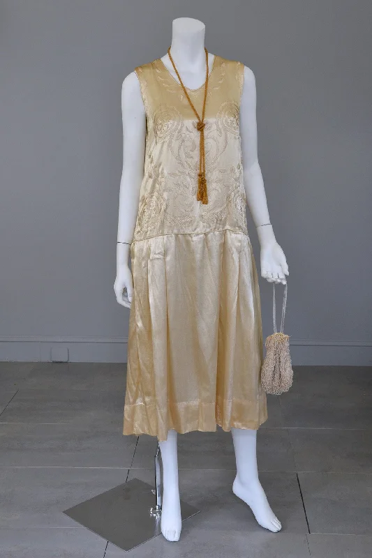 1920s Embroidered Satin Vintage Flapper Wedding Dress