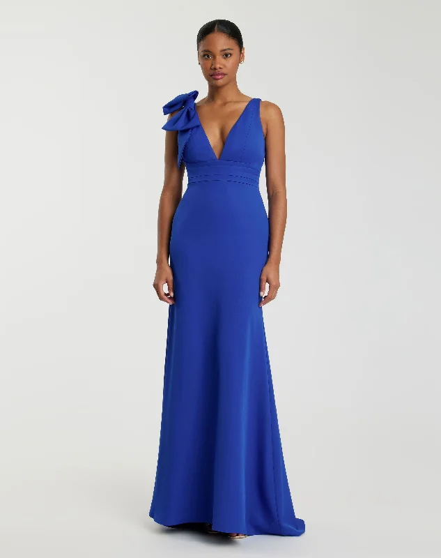 Dark Blue Sleeveless V Neck Bow Detail Mermaid Gown