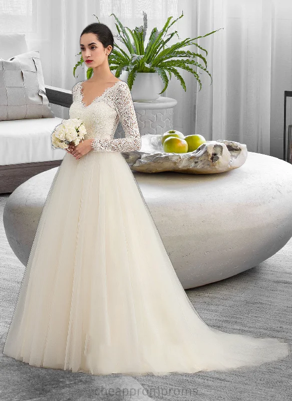 Cameron Ball-Gown/Princess V-neck Court Train Tulle Lace Wedding Dress STIP0013756