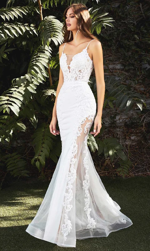 Cinderella Divine Bridals - CD937W Embroidered V Neck Mermaid Gown