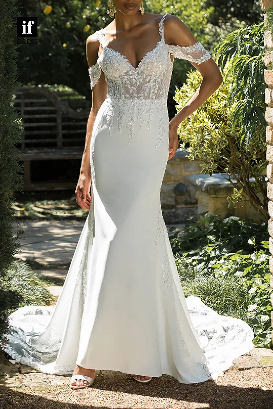 71229 - Mermaid/Trumpet Straps V-Neck Appliques Beach Wedding Dress wuth Train