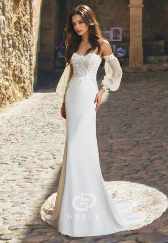 Sexy Ivory Sweep Train Strapless Wedding Dress with Lace Appliques and Lace Sleeves