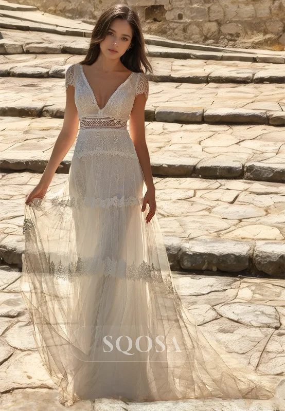 Short-Sleeves Allover Lace Cutout Bride Dress Deep V-Neck Boho Beach Wedding Dress with Train