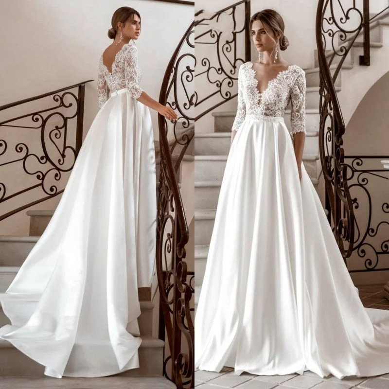 Wedding Dresses V-Neck Satin A-Line Bridal Gown