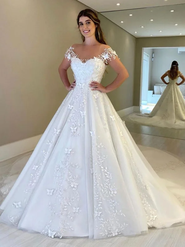 Gorgeous Off Shoulder White Lace Long Prom Dresses, Open Back White Lace Wedding Dresses, White Lace Formal Evening Dresses SP2122