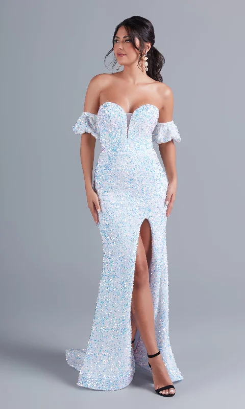 Puff-Sleeve Strapless Long White Sequin Prom Dress