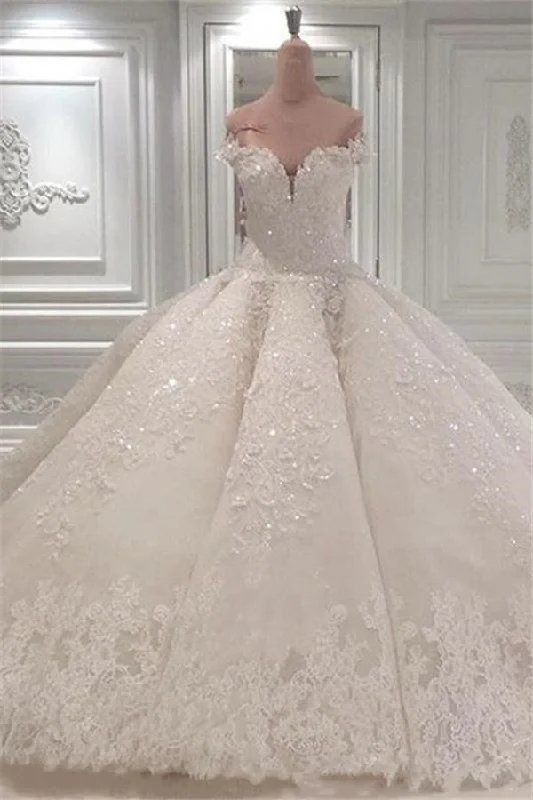 Strapless Sparkle Luxurious Train See through Ball Gown Wedding Dress