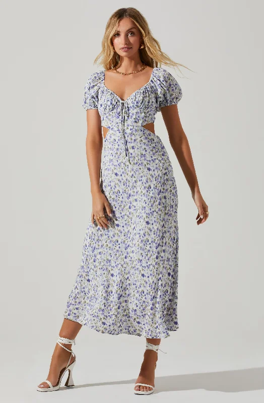 Posie Floral Cutout Puff Sleeve Midi Dress