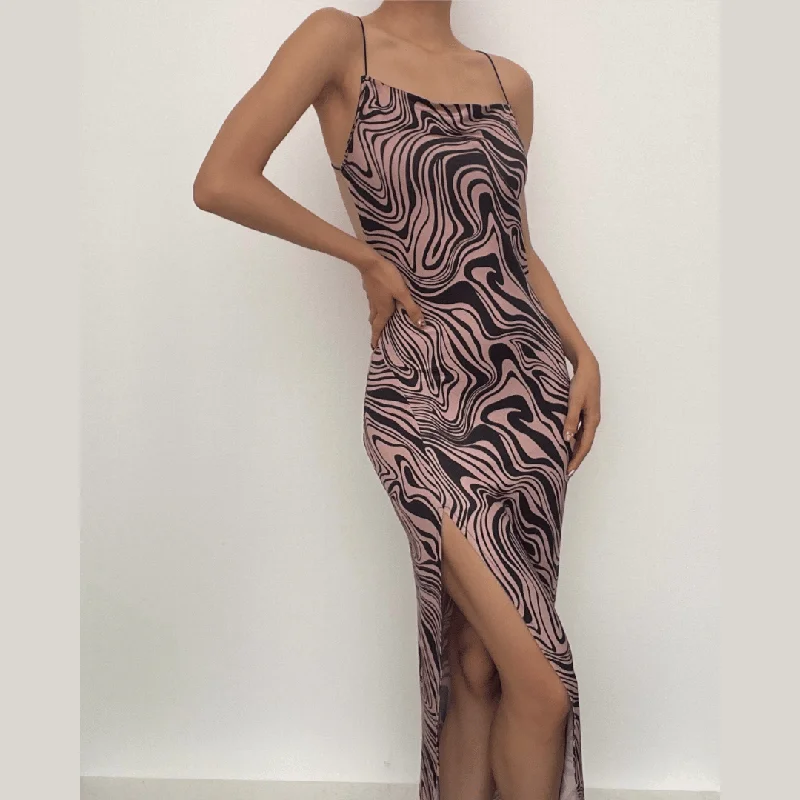 Ripple contrast print cross back slit cowl neck backless midi dress