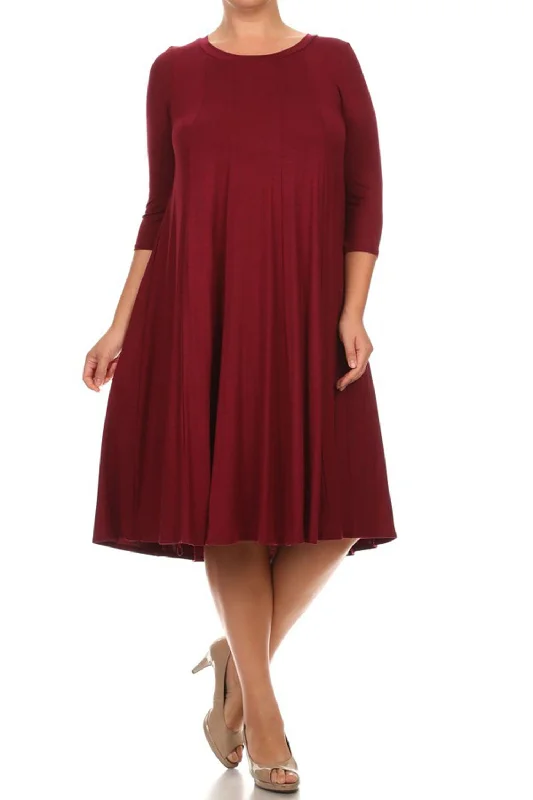 Women's Plus Size Casual 3/4 Sleeves Basic A-Line Pleated Solid Midi Dress