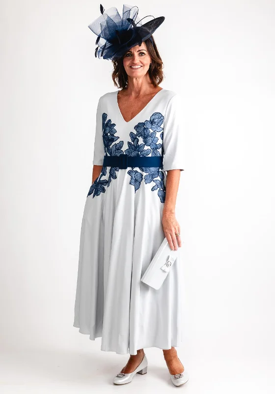 John Charles Floral Waist A-Line Maxi Dress, Silver & Navy