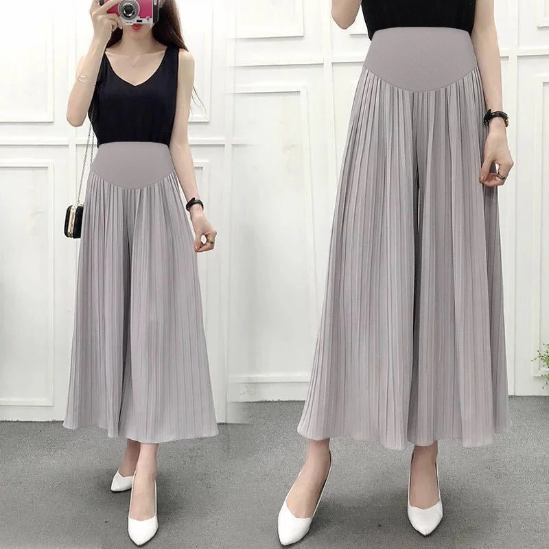 NiDELL Maternity Pants . Summer Chiffon Wide Leg Pants Outer Wear Cropped Pleated Pantskirt Straight Loose Casual Maternity Pants