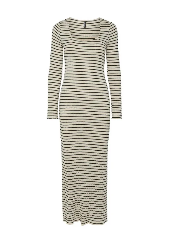 Pieces Iris Ribbed Knit Striped Long Dress, Birch & Black