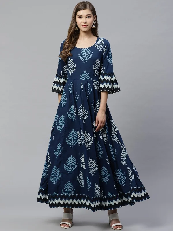 NOZ2TOZ Women's Blue Long Cotton Anarkali