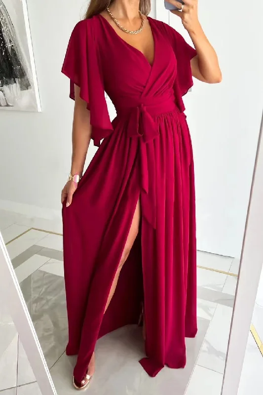 Women's Solid Color Bell Sleeve Loose V-neck Long Dress