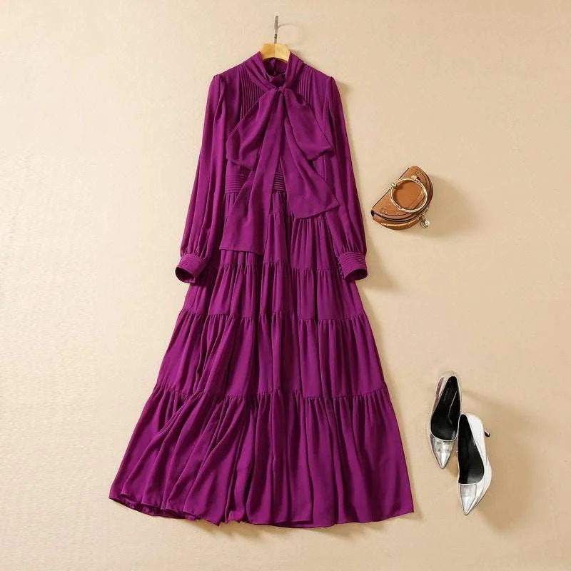 Women's Long Sleeve Chiffon Dress with a bow Bow Collar