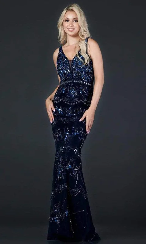 Aspeed Design - L2371 V Neck Beaded Evening Sheath Gown