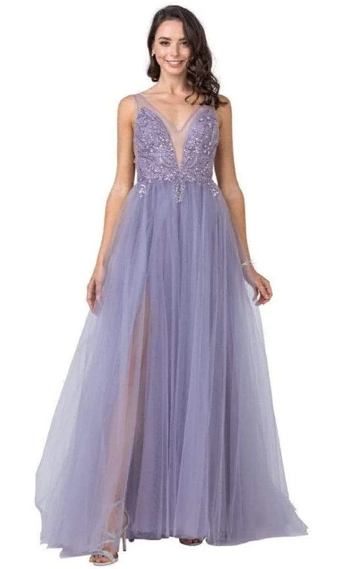 Aspeed Design - L2390 Illusion V-Neck A-Line Evening Dress