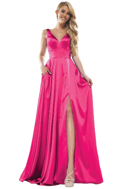 Glow Dress - G904 Deep V-Neck Satin A-Line Gown