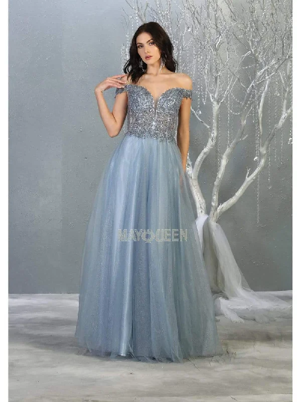 May Queen - RQ7864 Embellished Plunging Off-Shoulder Gown