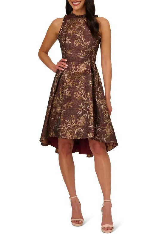 Adrianna Papell ruffled crew neck box pleat high low hem metallic jacquard dress with pockets