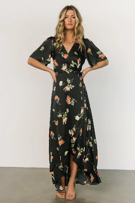 Amara Wrap Dress | Black + Coral Floral