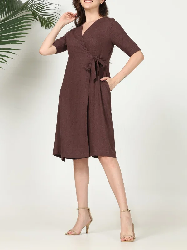 Classic Cotton Wrap Dress Coffee Brown