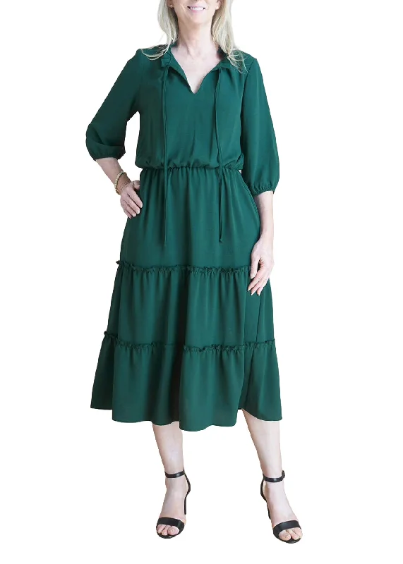 Connected Apparel split tie neck 3/4 sleeve solid tiered silhouette crepe dress