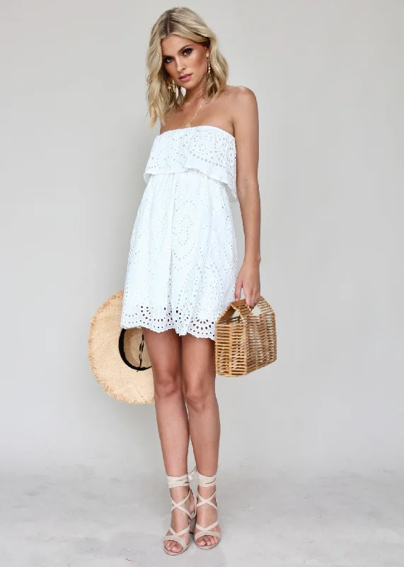 Crown Jewel Strapless Dress - White Embroidered