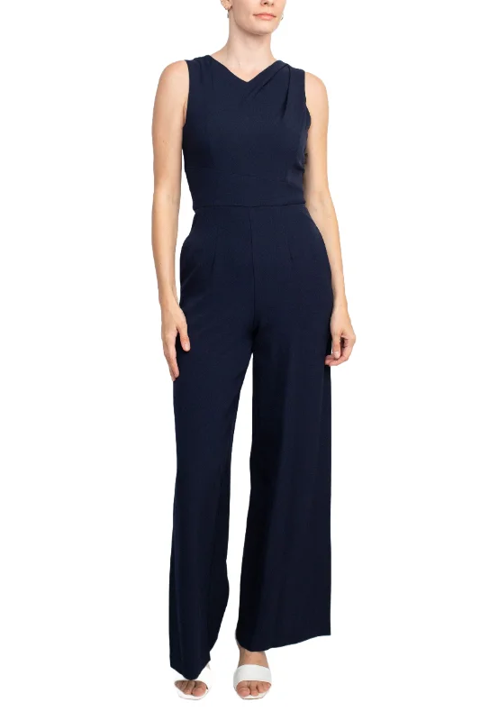 Donna Ricco V-Neck Sleeveless Zipper Back Solid Crepe Jumpsuit