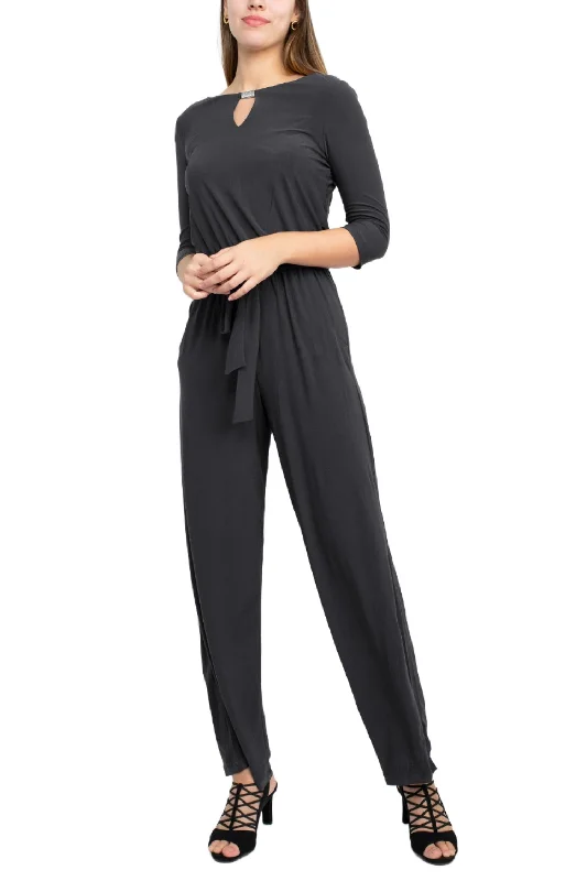 Emma & Michele Boat Neck Keyhole Front 3/4 Sleeve Tie Waist Blouson Keyhole Back Jersey Jumpsuit