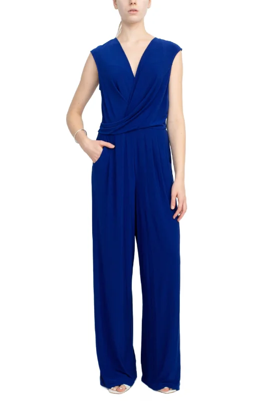 Emma & Michele V-Neck Cap Sleeve Draped Ruched Solid Keyhole Back ITY Jumpsuit with Pockets