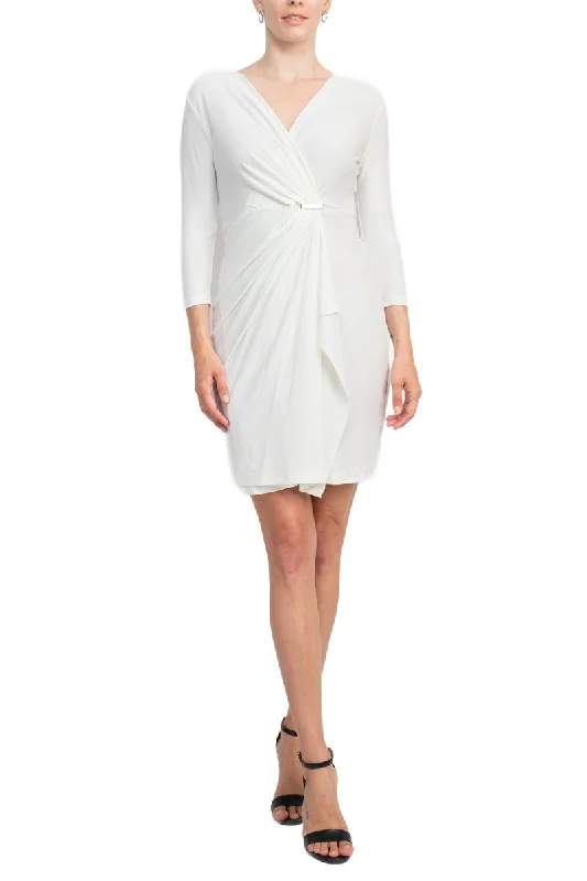 Emma & Michele V-Neck Gathered Front 3/4 Sleeve Solid Jersey Dress