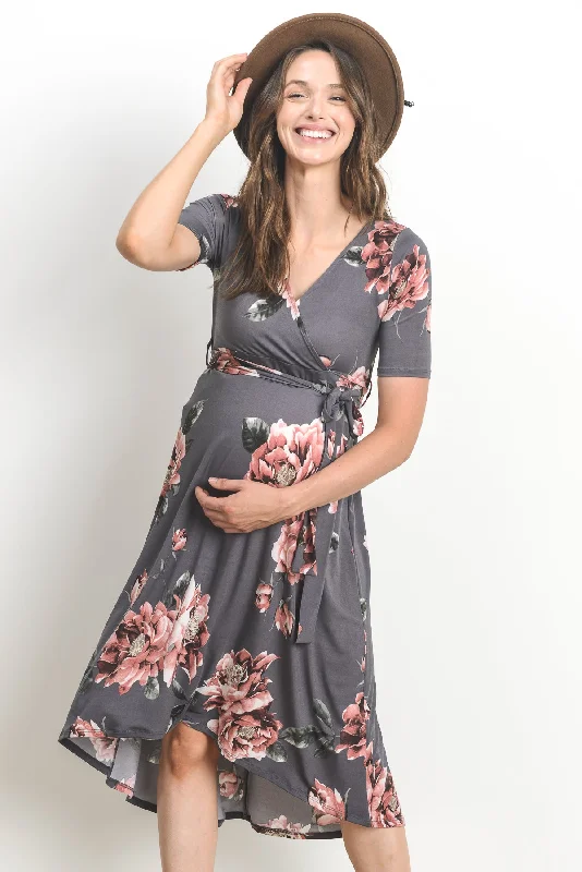 Floral High Low Faux Wrap Maternity & Nursing Dress