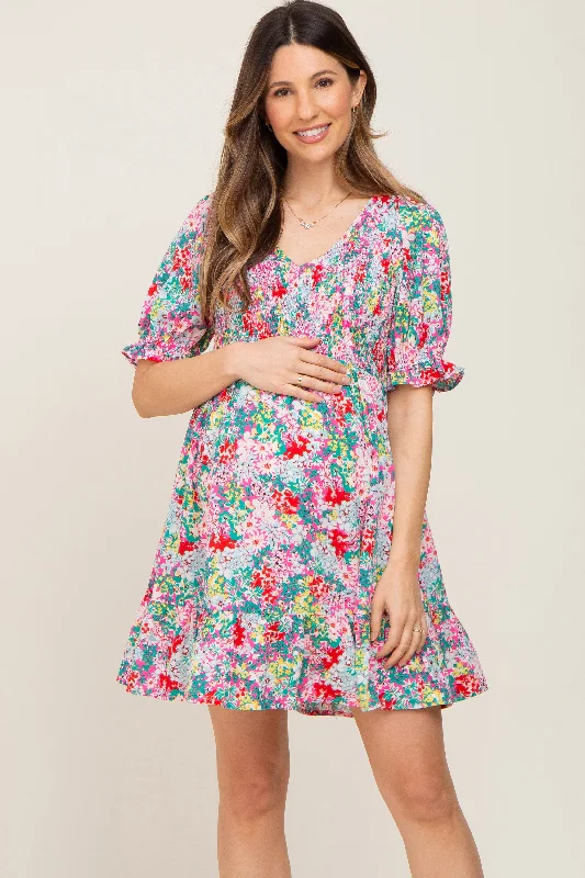 Fuchsia Floral Smocked Puff Sleeve Maternity Dress