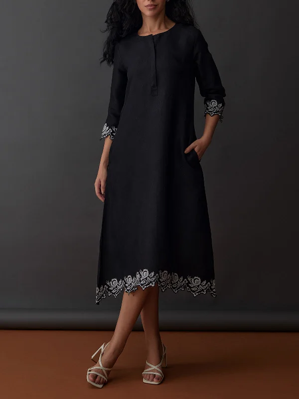 Hand Scalloped Jacquard Dress Black