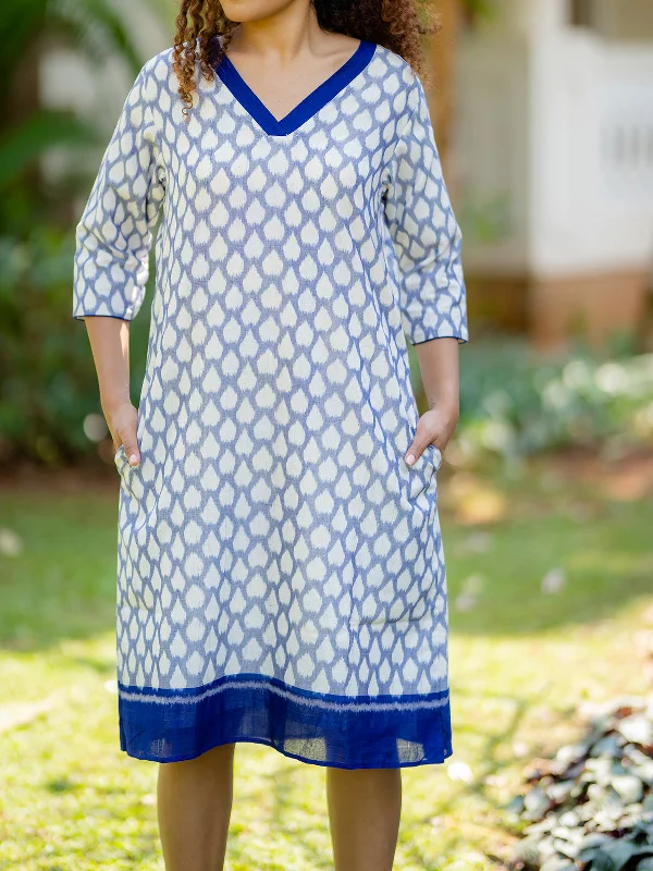 Handwoven Ikat Cotton Dress Indigo On White