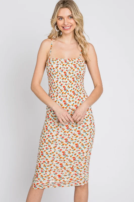 Ivory Floral Ribbed Fitted Dress