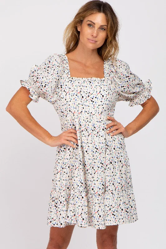 Ivory Printed Puff Sleeve Tiered Dress